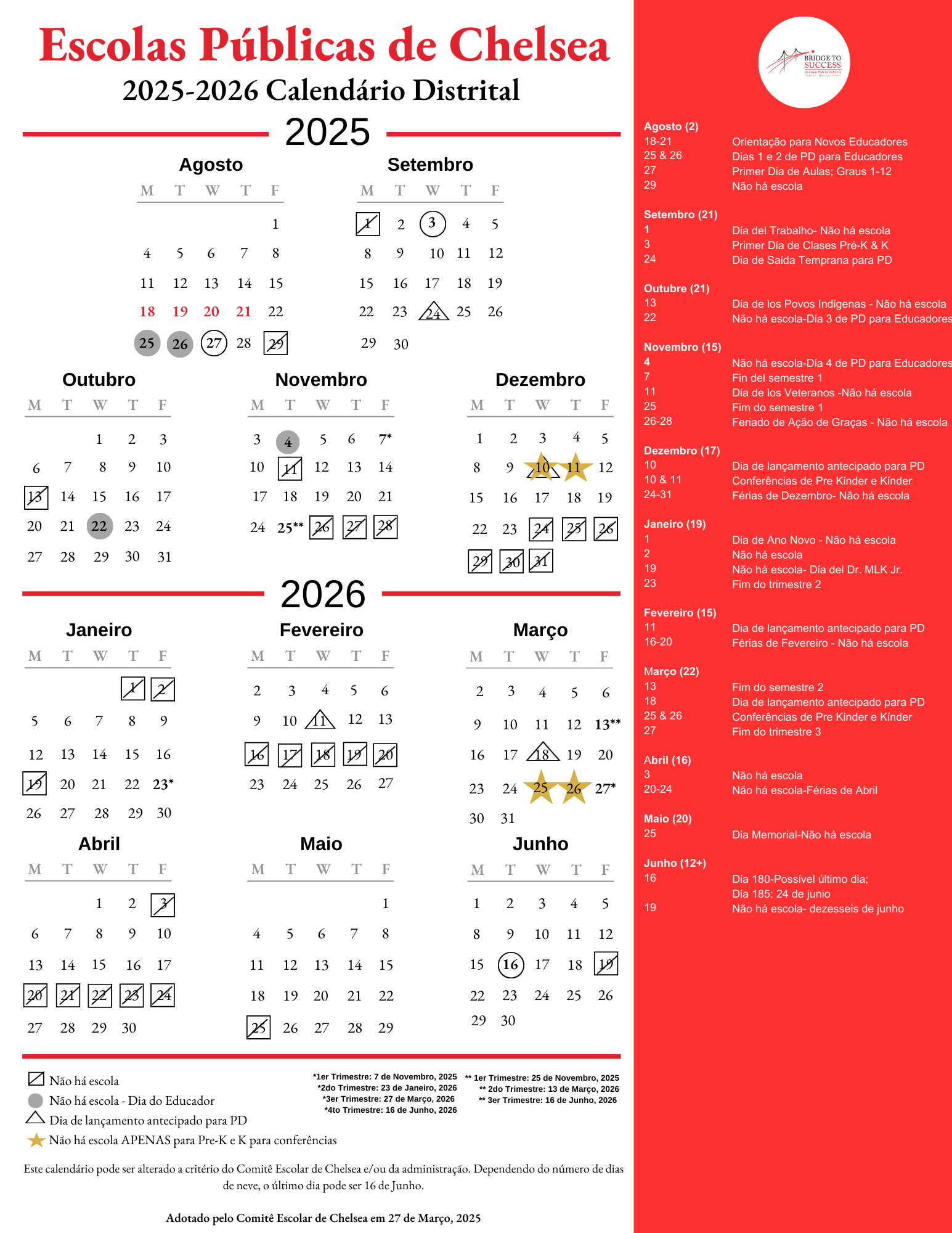 2025-26 CPS District Calendar in Portuguese